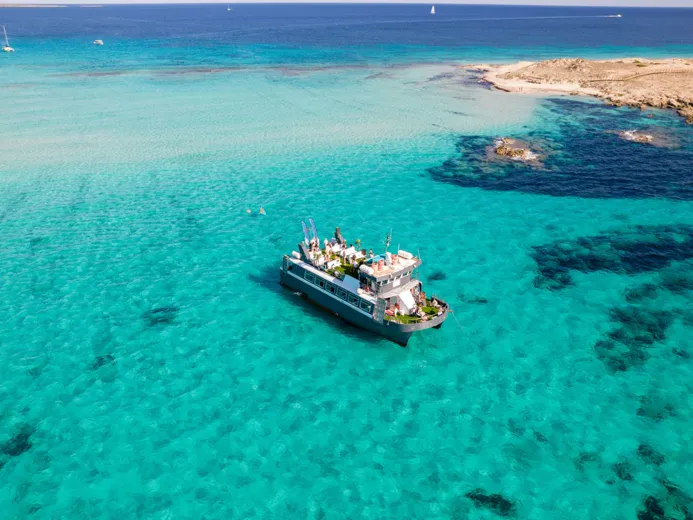 Aerial of the boat near Es Vedrà